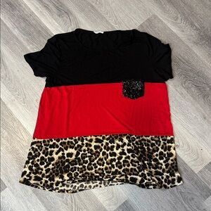 Color Block Leopard Print Tee | Sequin Pocket | Women’s Top